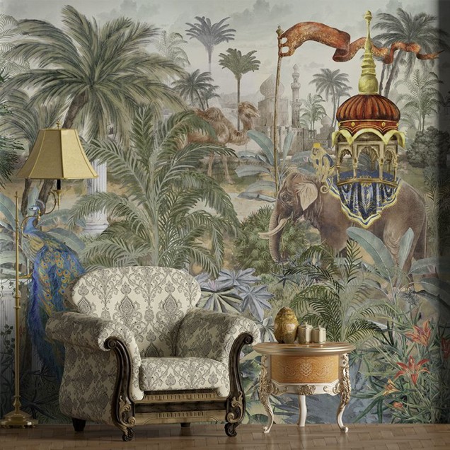 Tapet Empire Sanctum, un tapet pictural cu un elefant, o junglă luxuriantă și o casă luxoasă, adăugând o notă de opulență și unicitate decorului.