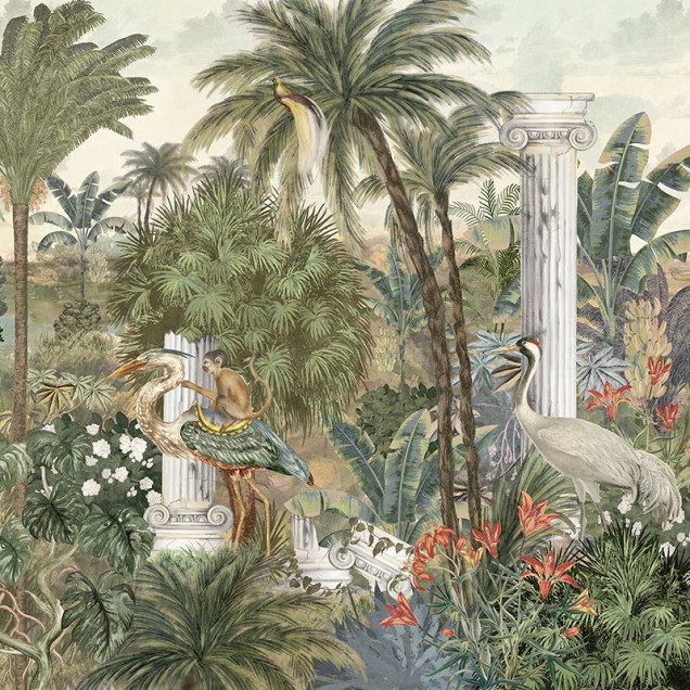 Tapet Empire Sanctum, un tapet pictural cu un elefant, o junglă luxuriantă și o casă luxoasă, adăugând o notă de opulență și unicitate decorului.