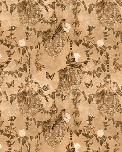 Tapet Majestic Memoir in powder cream, cu design elegant cu păsări, candelabre și fluturi