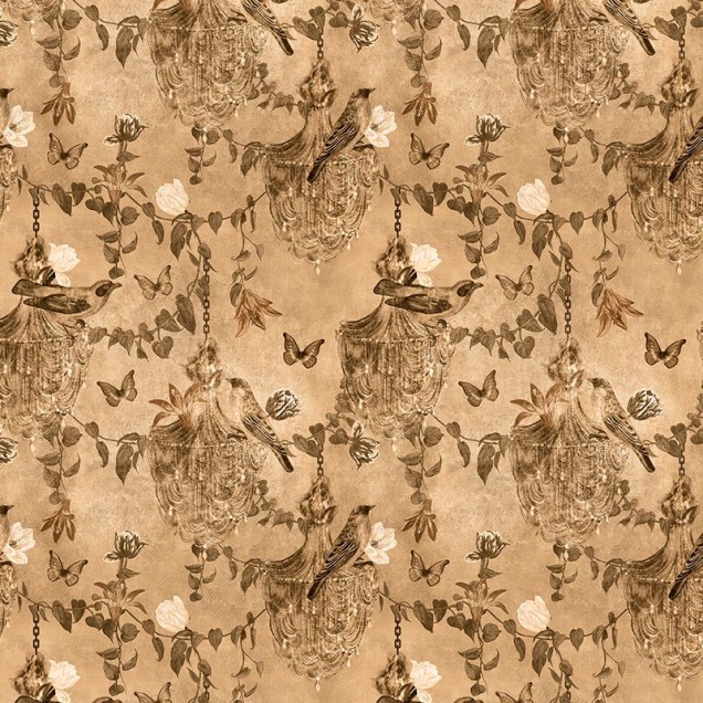 Tapet Majestic Memoir in powder cream, cu design elegant cu păsări, candelabre și fluturi