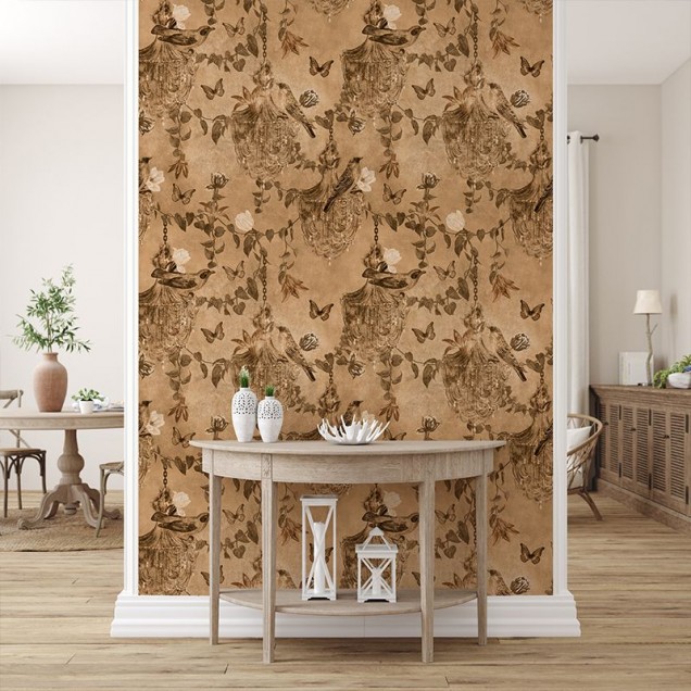 Tapet Majestic Memoir in powder cream, cu design elegant cu păsări, candelabre și fluturi