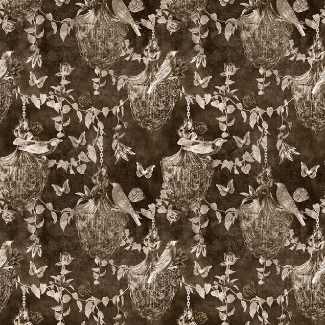Tapet Majestic Memoir Dark Brown, cu un design delicat de cuști pentru păsări, frunze și fluturi, în nuanțe de maro închis.