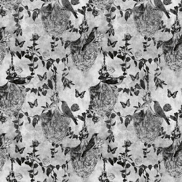 Tapet alb cu model minimalist, cu flori si pasari in negru, in decorul unei bai moderne