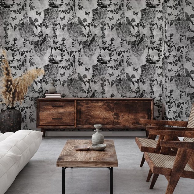 Tapet alb cu model minimalist, cu flori si pasari in negru, in decorul unei bai moderne