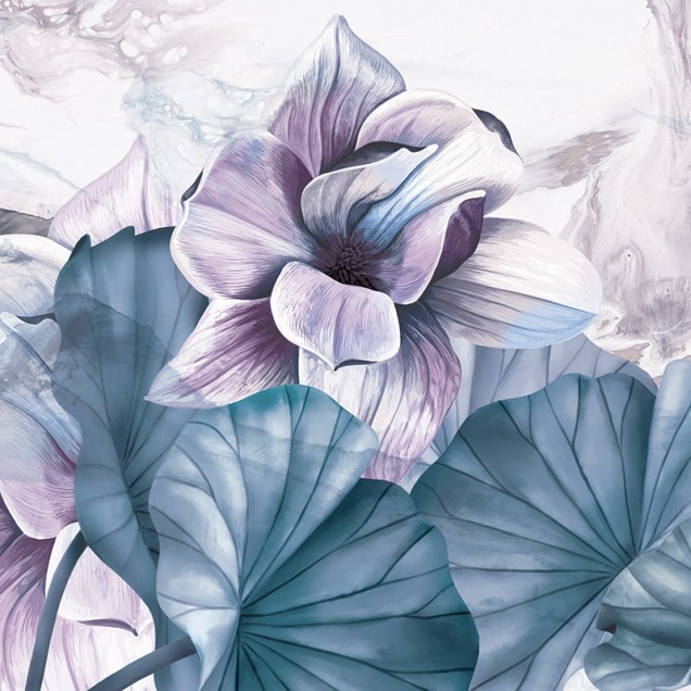 Tapet floral cu nuanțe de mov și albastru, cu un design delicat.