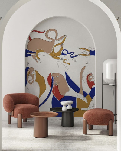 Tapet abstract cu design modern, cu figuri umane simplificate, culori vibrante