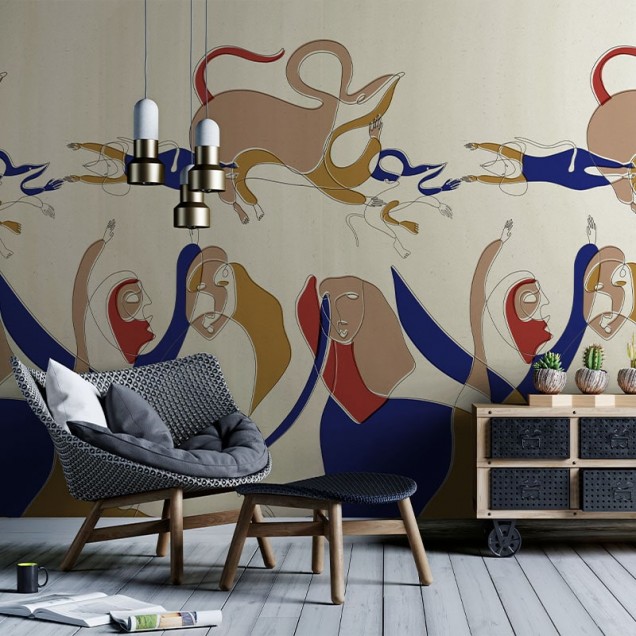 Tapet abstract cu design modern, cu figuri umane simplificate, culori vibrante
