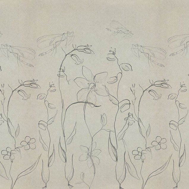 Tapet cu flori și libelule desenate cu linii fine, pe un fundal texturat.