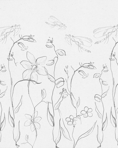 Tapet Intaglio Field White Paper - design minimalist cu flori și libelule