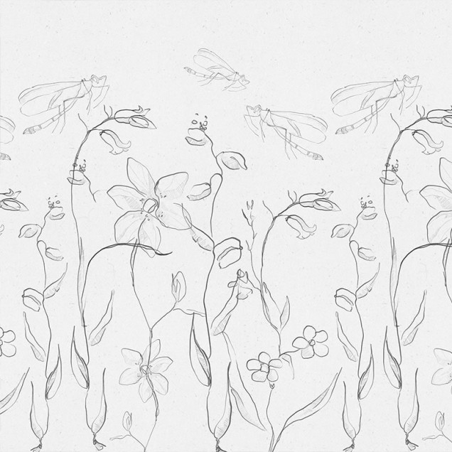 Tapet Intaglio Field White Paper - design minimalist cu flori și libelule