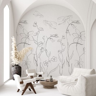 Tapet Intaglio Field White Paper - design minimalist cu flori și libelule