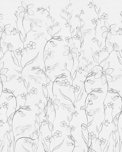 Tapet Fine Intaglio White Paper cu flori delicate desenate în linii fine, ideal pentru un dormitor modern