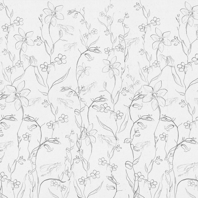 Tapet Fine Intaglio White Paper cu flori delicate desenate în linii fine, ideal pentru un dormitor modern