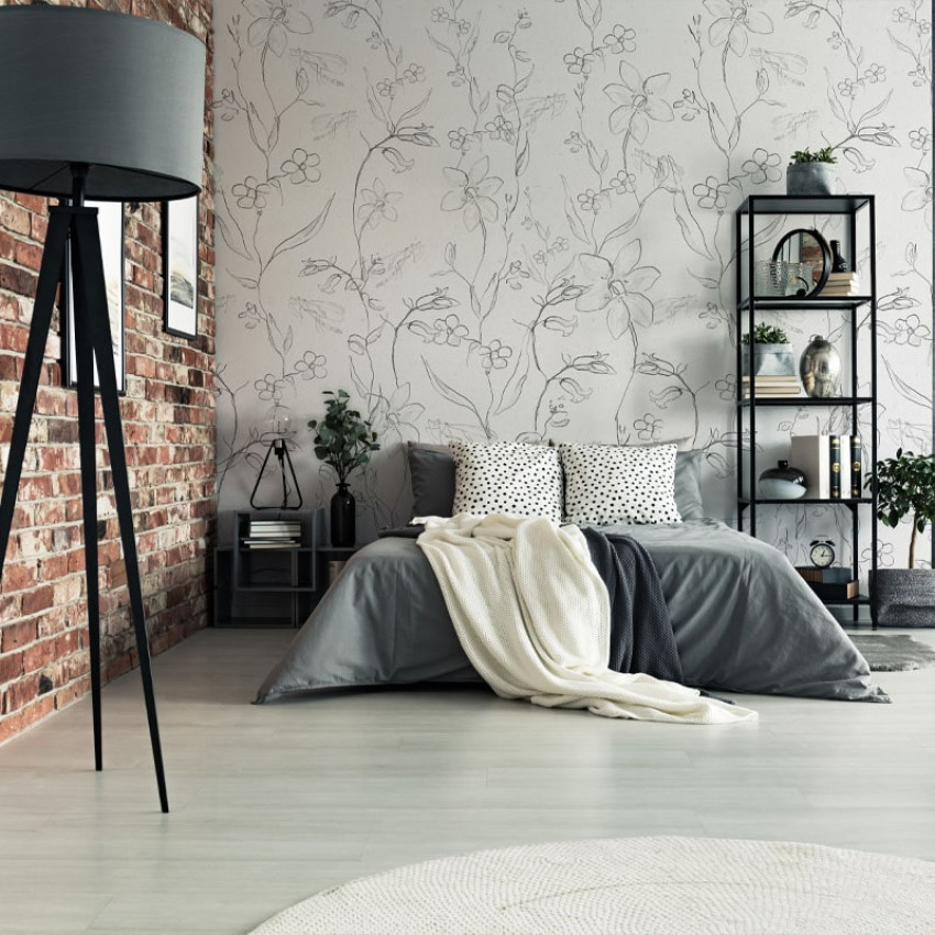Tapet Fine Intaglio White Paper cu flori delicate desenate în linii fine, ideal pentru un dormitor modern