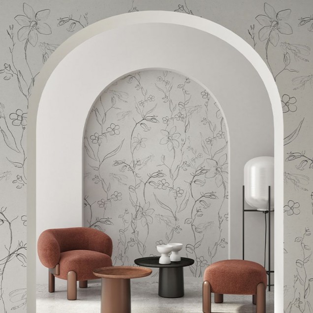 Tapet Fine Intaglio White Paper cu flori delicate desenate în linii fine, ideal pentru un dormitor modern