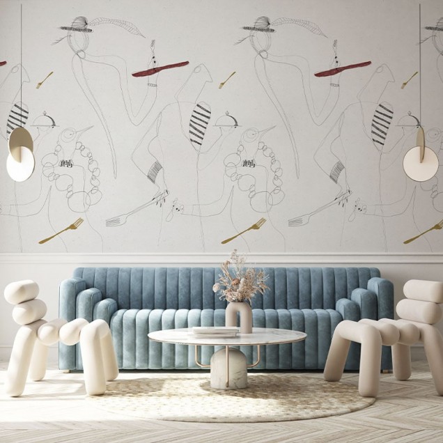Tapet cu design abstract minimalist Bistrot, pe un perete din living