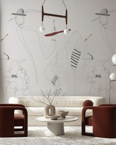 Tapet cu design abstract minimalist Bistrot, pe un perete din living