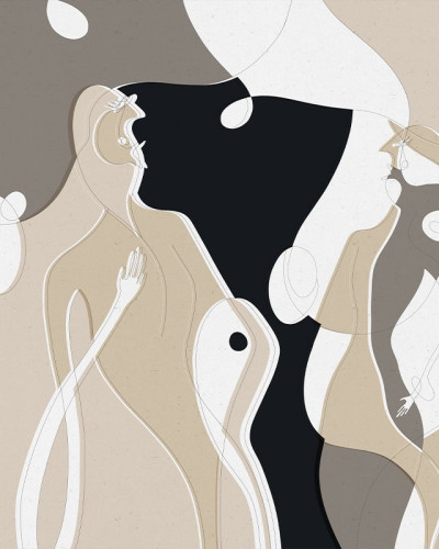 Tapet Rumors Beige, cu design abstract în culori neutre, beige și negru.