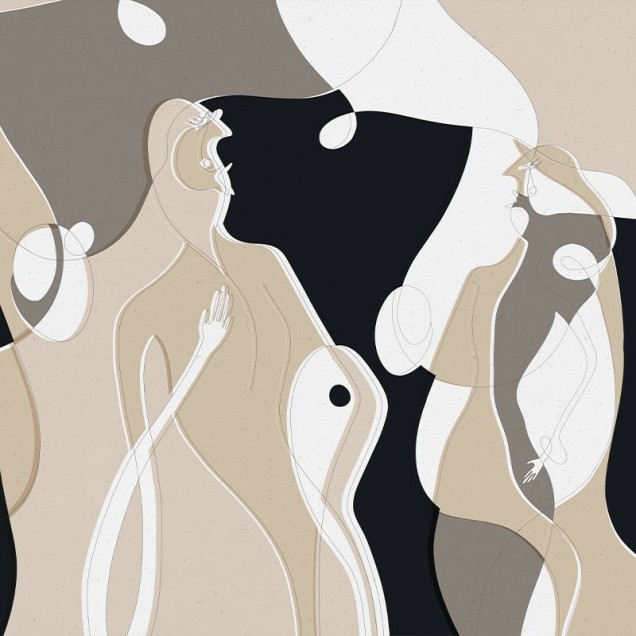 Tapet Rumors Beige, cu design abstract în culori neutre, beige și negru.