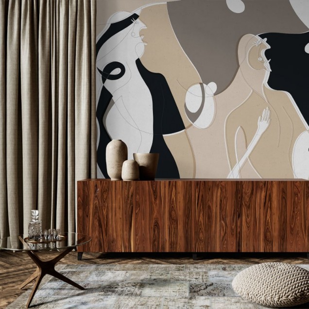 Tapet Rumors Beige, cu design abstract în culori neutre, beige și negru.