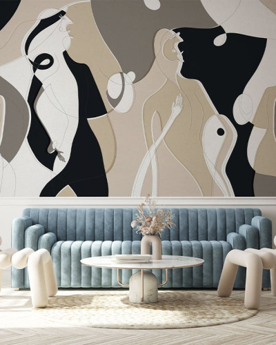 Tapet Rumors Beige, cu design abstract în culori neutre, beige și negru.