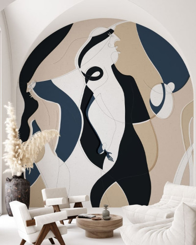 Tapet abstract modern cu siluete feminine, în nuanțe de albastru, negru și bej.