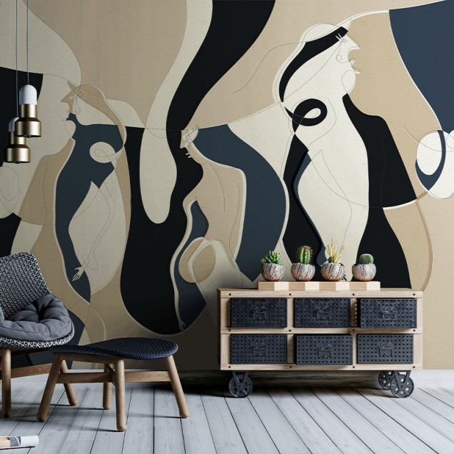 Tapet abstract modern cu siluete feminine, în nuanțe de albastru, negru și bej.