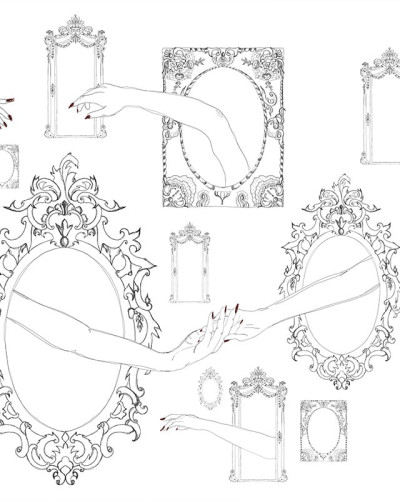 Tapet pentru baie cu design grafic, reprezentând oglinzi ornate cu cadru baroc și mâini reflectate.