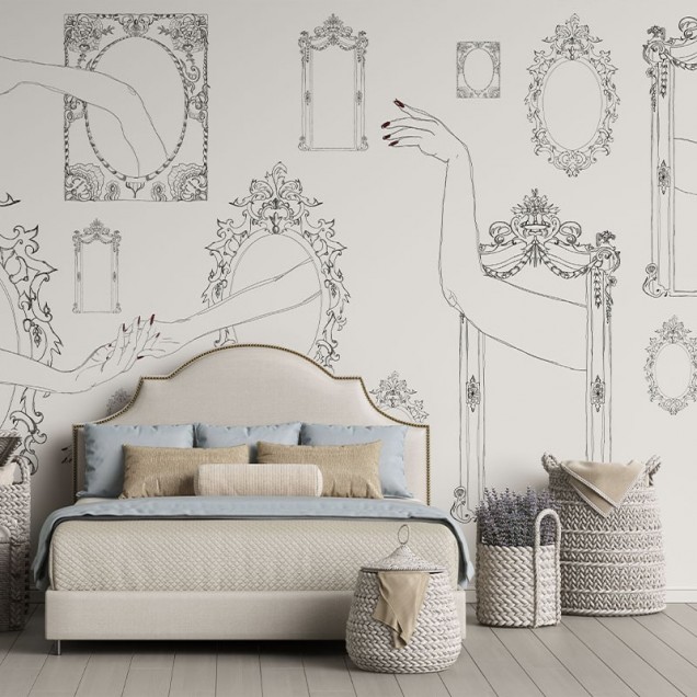 Tapet pentru baie cu design grafic, reprezentând oglinzi ornate cu cadru baroc și mâini reflectate.