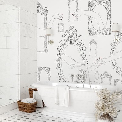 Tapet pentru baie cu design grafic, reprezentând oglinzi ornate cu cadru baroc și mâini reflectate.