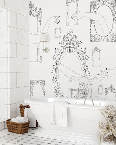 Tapet pentru baie cu design grafic, reprezentând oglinzi ornate cu cadru baroc și mâini reflectate.