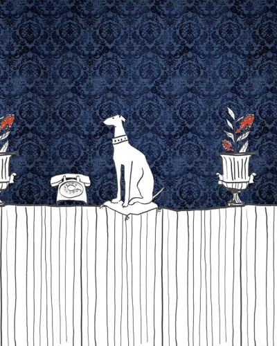 Tapet cu design artistic, inspirat din lumea artistica, ilustrând un câine elegant și detalii subtile.