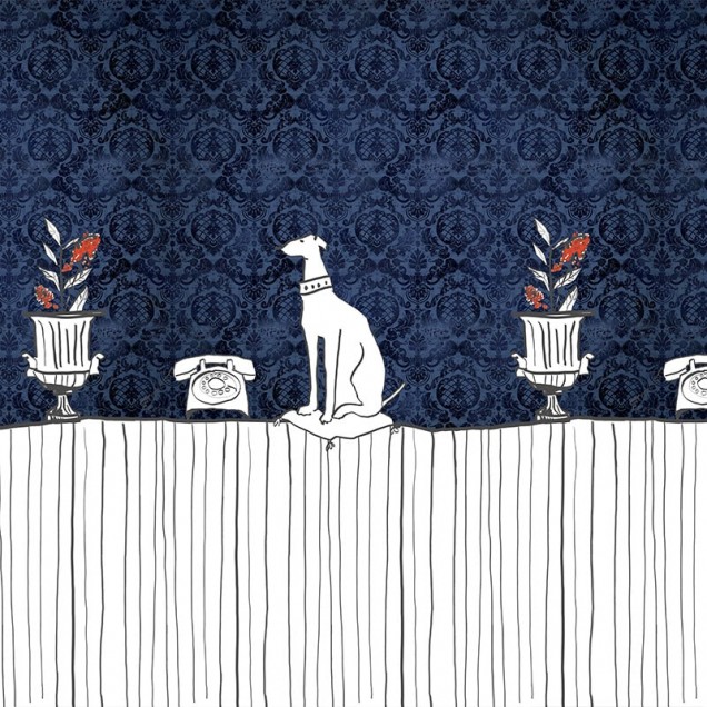 Tapet cu design artistic, inspirat din lumea artistica, ilustrând un câine elegant și detalii subtile.
