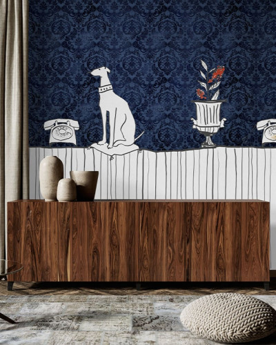 Tapet cu design artistic, inspirat din lumea artistica, ilustrând un câine elegant și detalii subtile.