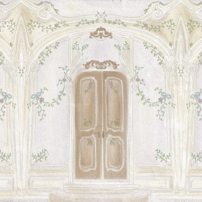 Tapet Pastel Richesse Light, cu design elegant și delicat, cu model de arcade și flori delicate.