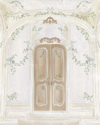 Tapet Pastel Richesse Light, cu design elegant și delicat, cu model de arcade și flori delicate.
