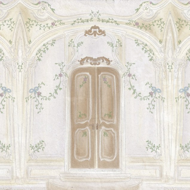 Tapet Pastel Richesse Light, cu design elegant și delicat, cu model de arcade și flori delicate.