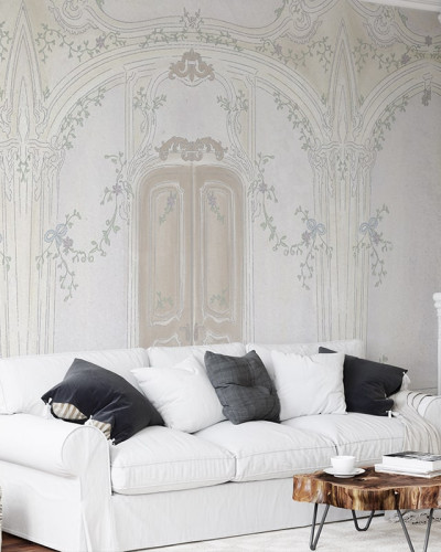 Tapet Pastel Richesse Light, cu design elegant și delicat, cu model de arcade și flori delicate.
