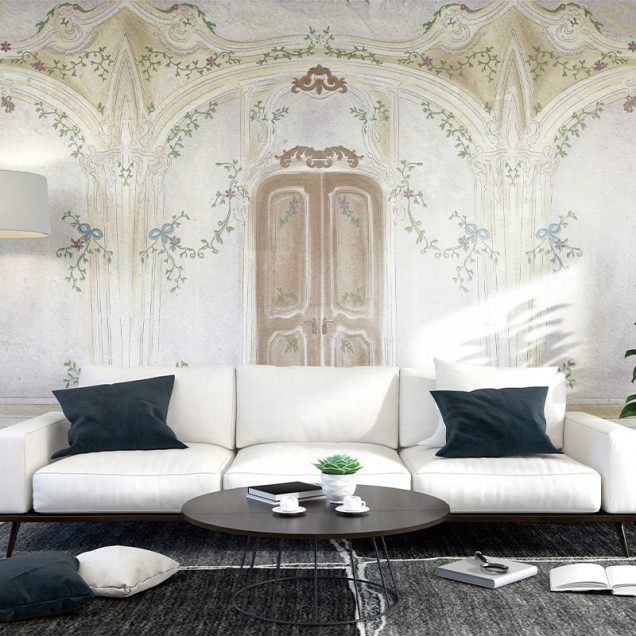 Tapet Pastel Richesse Light, cu design elegant și delicat, cu model de arcade și flori delicate.