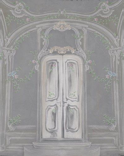 Tapet Pastel Richesse Gray, design clasic cu uși în arcade, perfect pentru dormitoare și spații de relaxare.