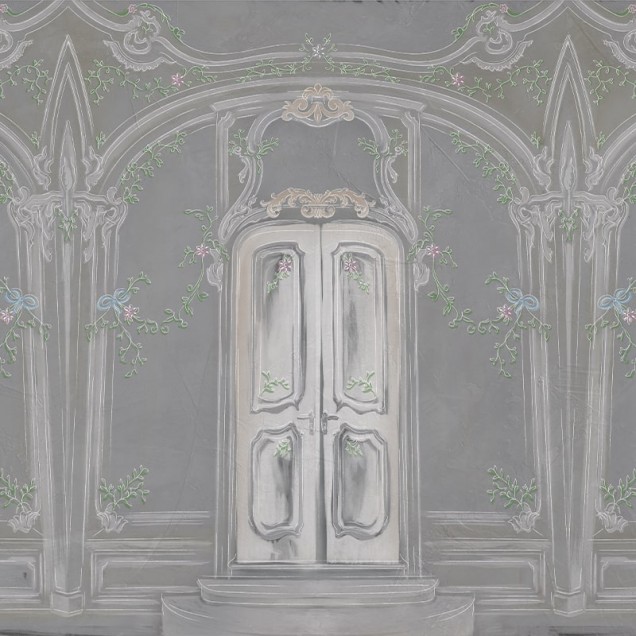 Tapet Pastel Richesse Gray, design clasic cu uși în arcade, perfect pentru dormitoare și spații de relaxare.