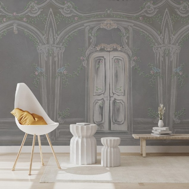 Tapet Pastel Richesse Gray, design clasic cu uși în arcade, perfect pentru dormitoare și spații de relaxare.