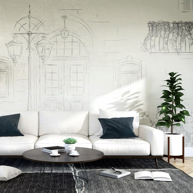Tapet modern cu un design minimalist, reprezentând o stradă cu ușile, ideal pentru a crea o atmosferă urbană elegantă în orice spațiu.