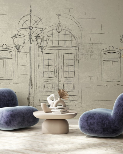 Tapet modern cu un design minimalist, reprezentând o stradă cu ușile, ideal pentru a crea o atmosferă urbană elegantă în orice spațiu.