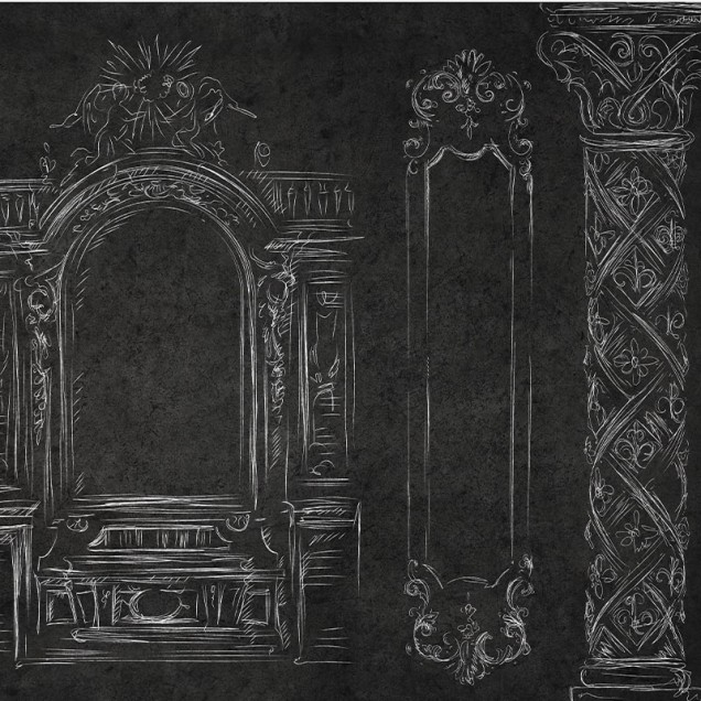 Tapet Saint-Michel Dark cu design inspirat din arhitectura clasică, desenele albe pe fond negru creează o atmosferă elegantă.