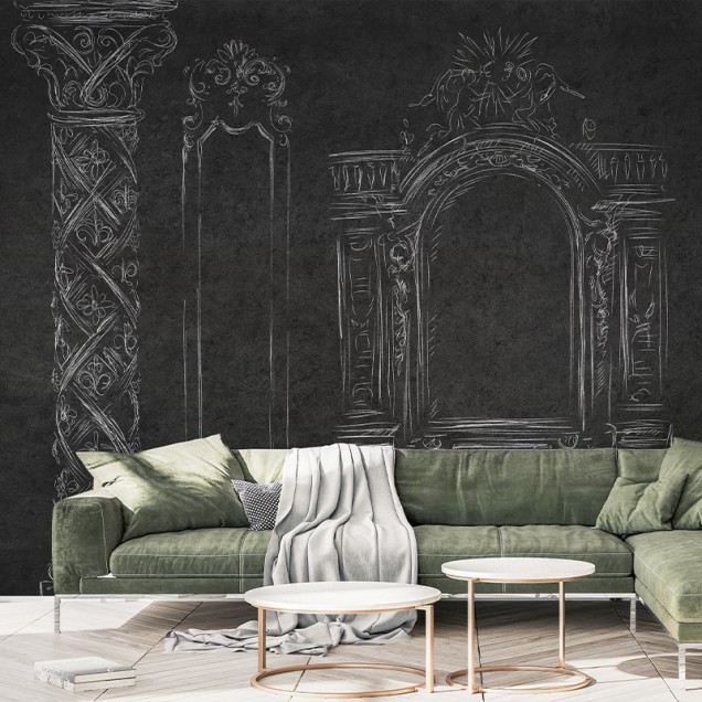 Tapet Saint-Michel Dark cu design inspirat din arhitectura clasică, desenele albe pe fond negru creează o atmosferă elegantă.