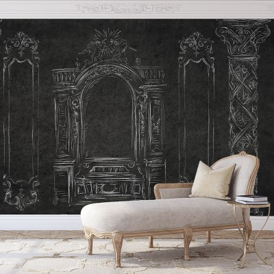 Tapet Saint-Michel Dark cu design inspirat din arhitectura clasică, desenele albe pe fond negru creează o atmosferă elegantă.