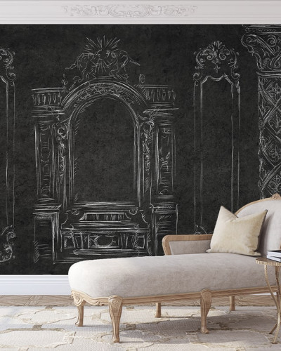 Tapet Saint-Michel Dark cu design inspirat din arhitectura clasică, desenele albe pe fond negru creează o atmosferă elegantă.