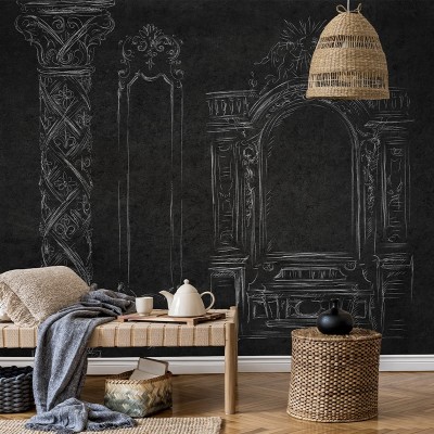 Tapet Saint-Michel Dark cu design inspirat din arhitectura clasică, desenele albe pe fond negru creează o atmosferă elegantă.