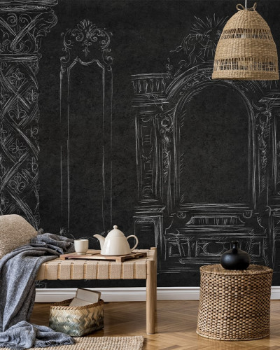 Tapet Saint-Michel Dark cu design inspirat din arhitectura clasică, desenele albe pe fond negru creează o atmosferă elegantă.